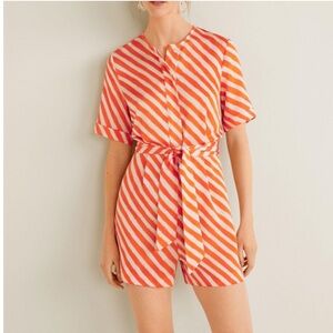 NWOT! Mango Tie Waist Romper with Cream and Orange Stripes. Size Small